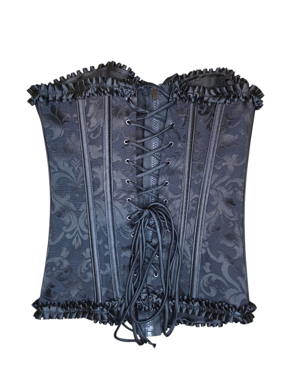 Shirley of Hollywood Black Brocade Ruffle Corset - Size 32 - Picture 3 of 5